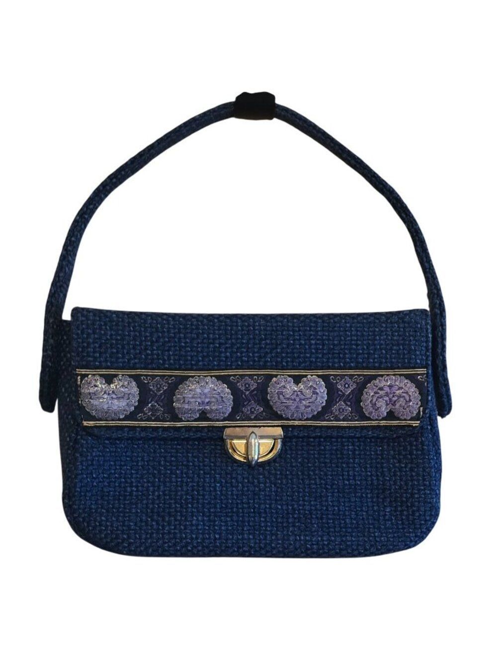 Handmade Navy Textured Purse With Ornate Embroidery & Clasp grannycore boho